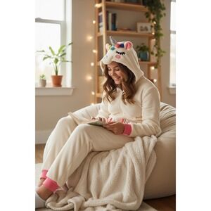 Adult Llama Halloween One piece Pajama‎ Beige Size S fleece one piece cozycore